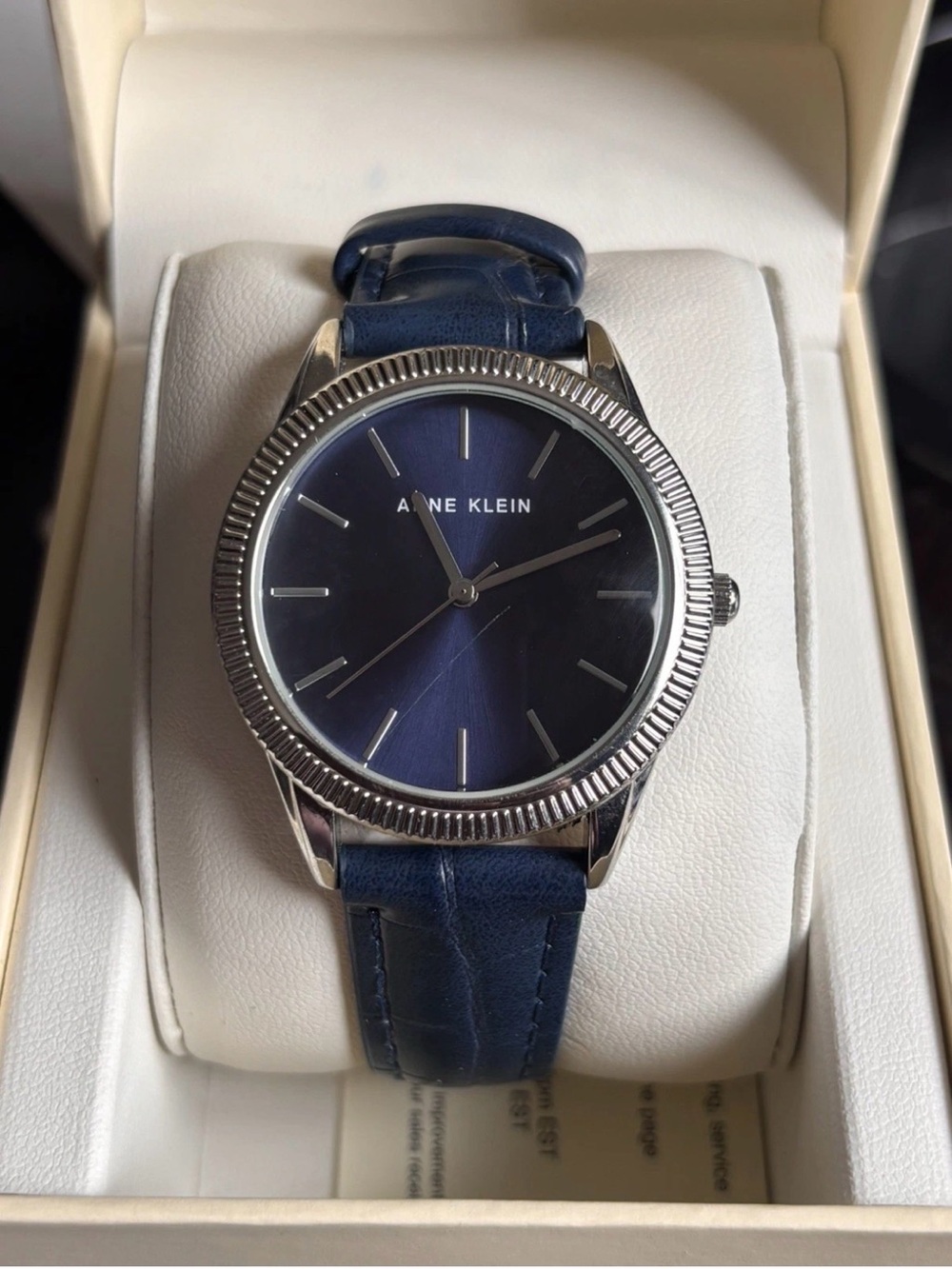 Anne Klein Navy Blue & Silver Coin Bezel Watch Croc-Grain Vegan Leather NWT